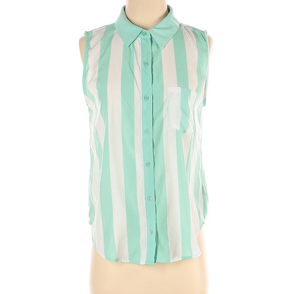 S Sleeveless Collared Button Up Teal Stripe Blouse - Picture 1 of 3